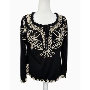 Women's Petite XL Black Gold Soutache Embroidered Tie Neck Long Sleeve Boho Top